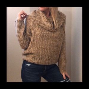 DEBUT Thick Brown Tan Cowl Neck Turtleneck Knit Sweater